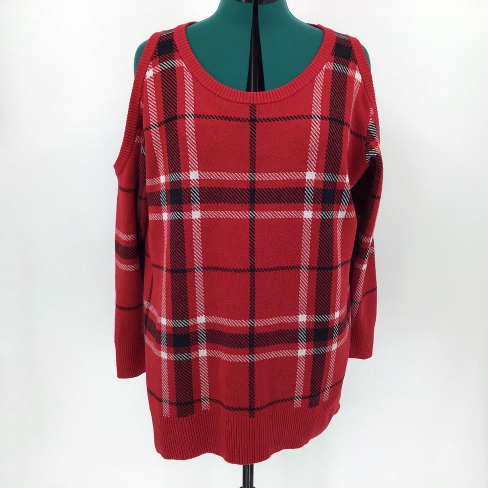 Love & Legend Red Tartan Cold Shoulder Sweater, 0X